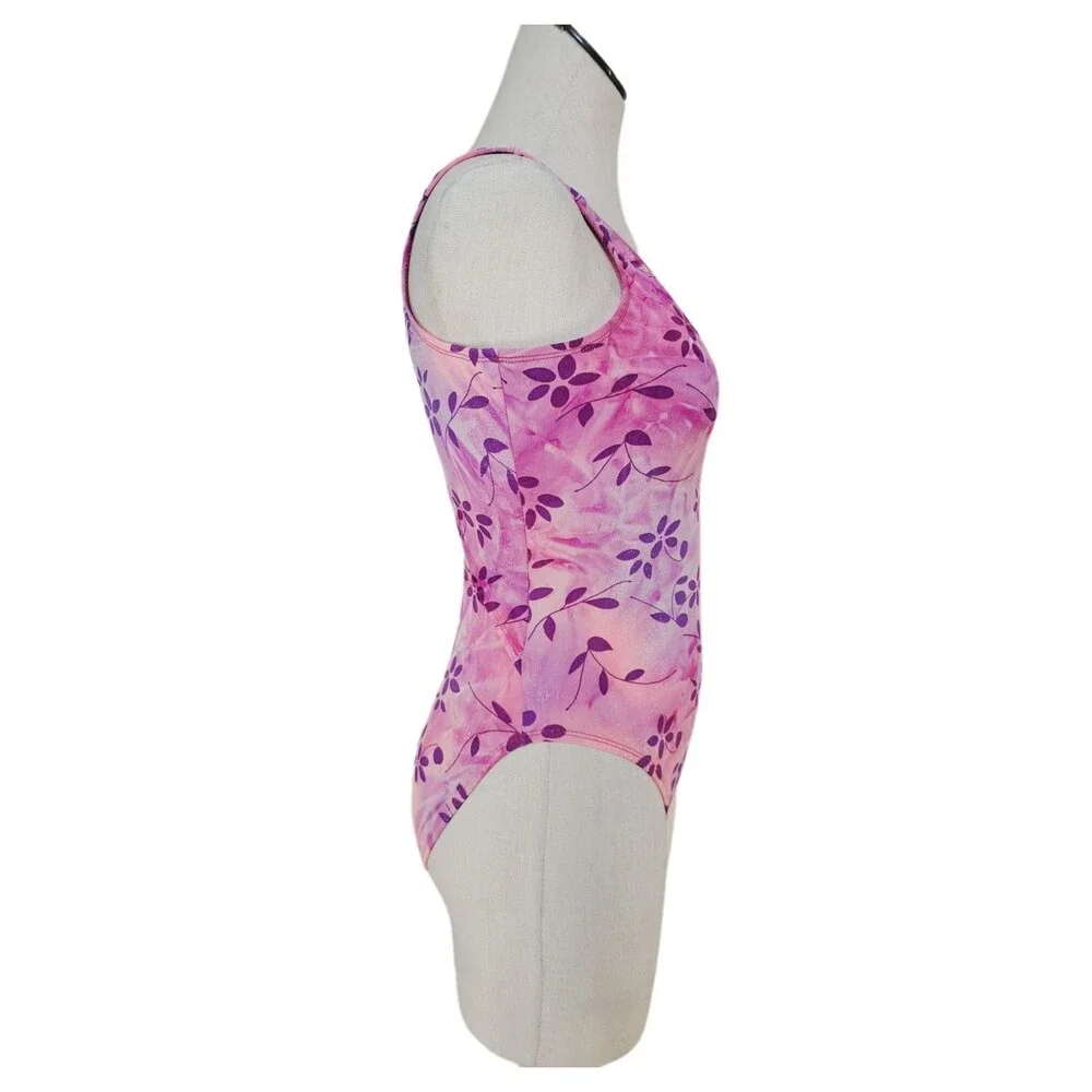 Satara VTG Asymmetric Cutout Glittered Floral Tank Leotard Size AL Pink Marble - Picture 10 of 16